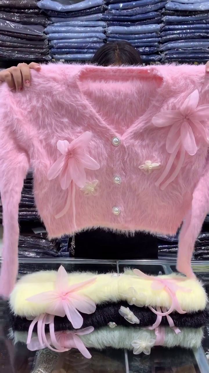 🍋 Pastel Lemon Button-Up Furry Cardigan with Pink Organza Bow Appliqué – Playful Soft Touch Knit Sweater - Image 4