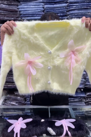 🍋 Pastel Lemon Button-Up Furry Cardigan with Pink Organza Bow Appliqué – Playful Soft Touch Knit Sweater