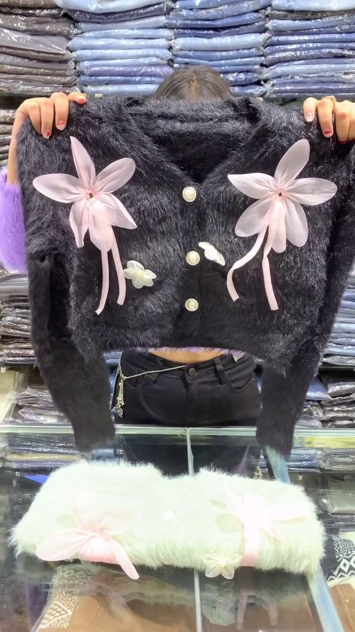 🍋 Pastel Lemon Button-Up Furry Cardigan with Pink Organza Bow Appliqué – Playful Soft Touch Knit Sweater - Image 3