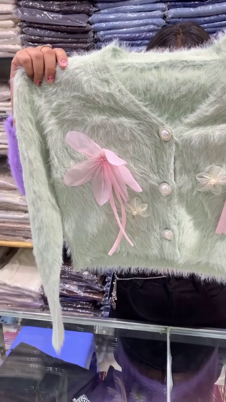 🍋 Pastel Lemon Button-Up Furry Cardigan with Pink Organza Bow Appliqué – Playful Soft Touch Knit Sweater - Image 2