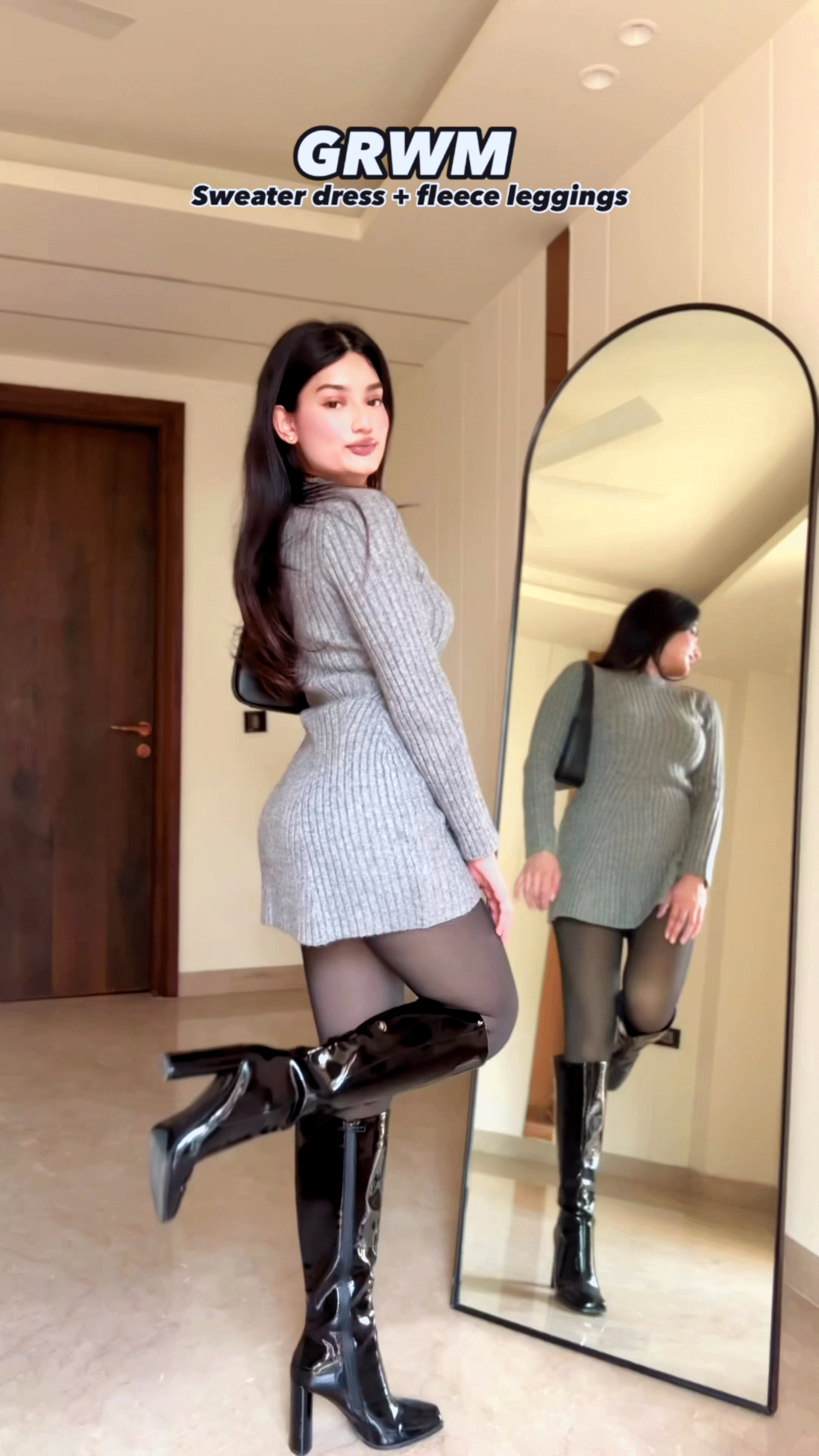 Grey Ribbed Knit Sweater Dress with Fleece Leggings for Chic Winter Styling 🌨️👗🖤 - Image 2