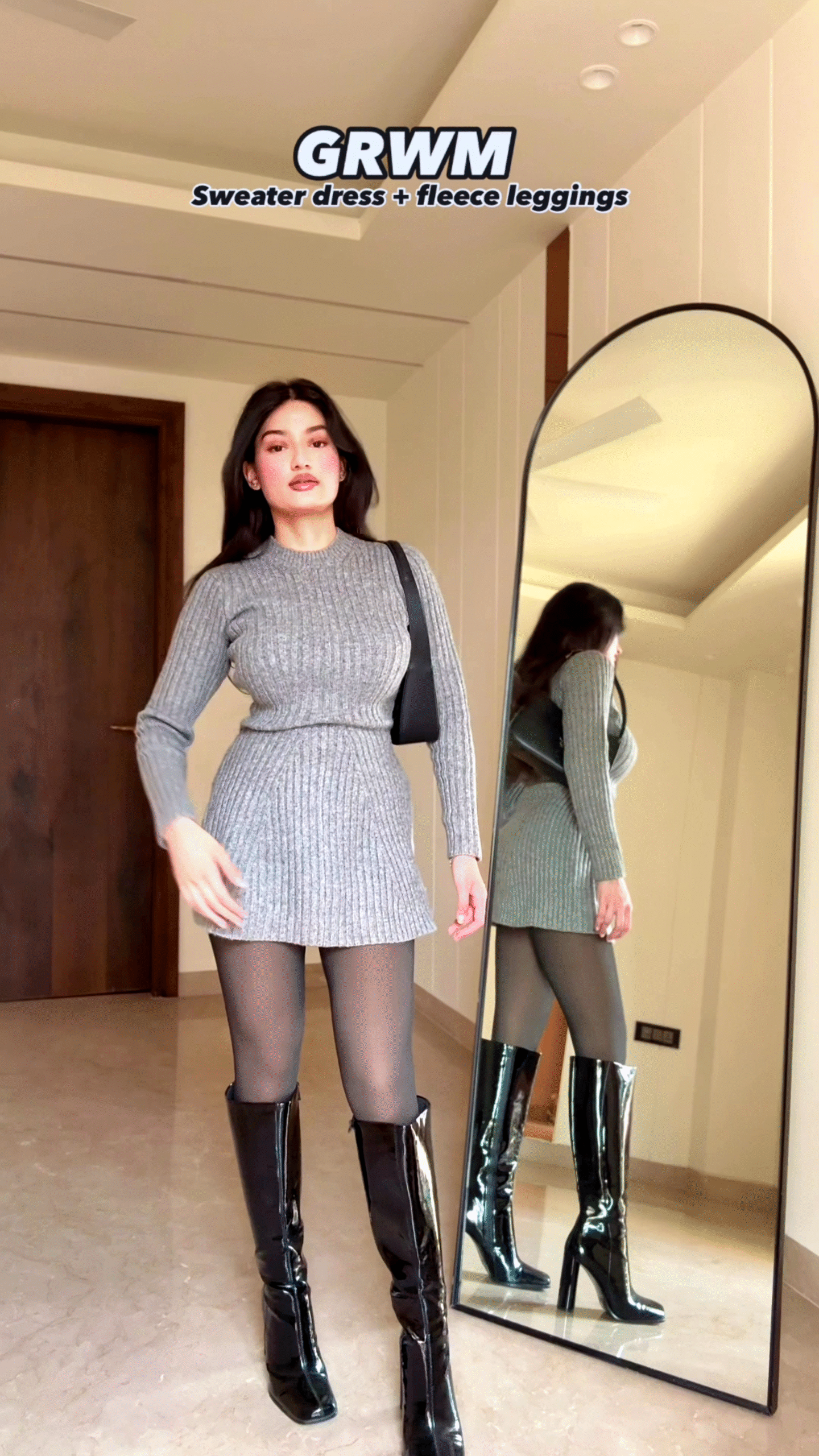 Grey Ribbed Knit Sweater Dress with Fleece Leggings for Chic Winter Styling 🌨️👗🖤