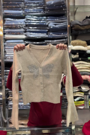  Beige Knitted Ribbed Cardigan with Sequin Butterfly Design for Women 🦋🌟🧥