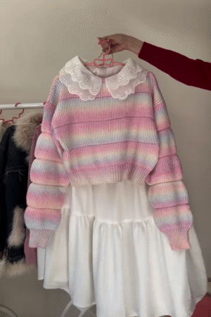 🌈Pastel Dream Puff Sleeve Striped Knit Sweater & Angel Collar Tiered Skirt Set For Sweetest Days🌈