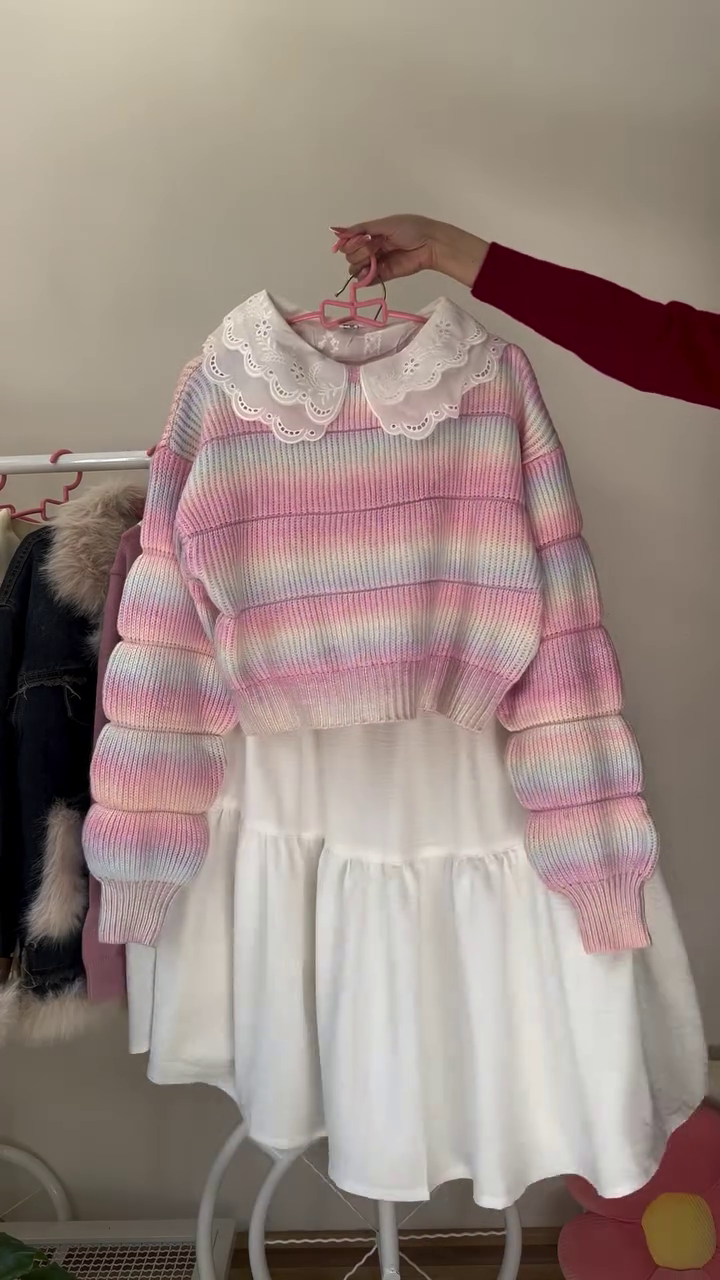 🌈Pastel Dream Puff Sleeve Striped Knit Sweater & Angel Collar Tiered Skirt Set For Sweetest Days🌈