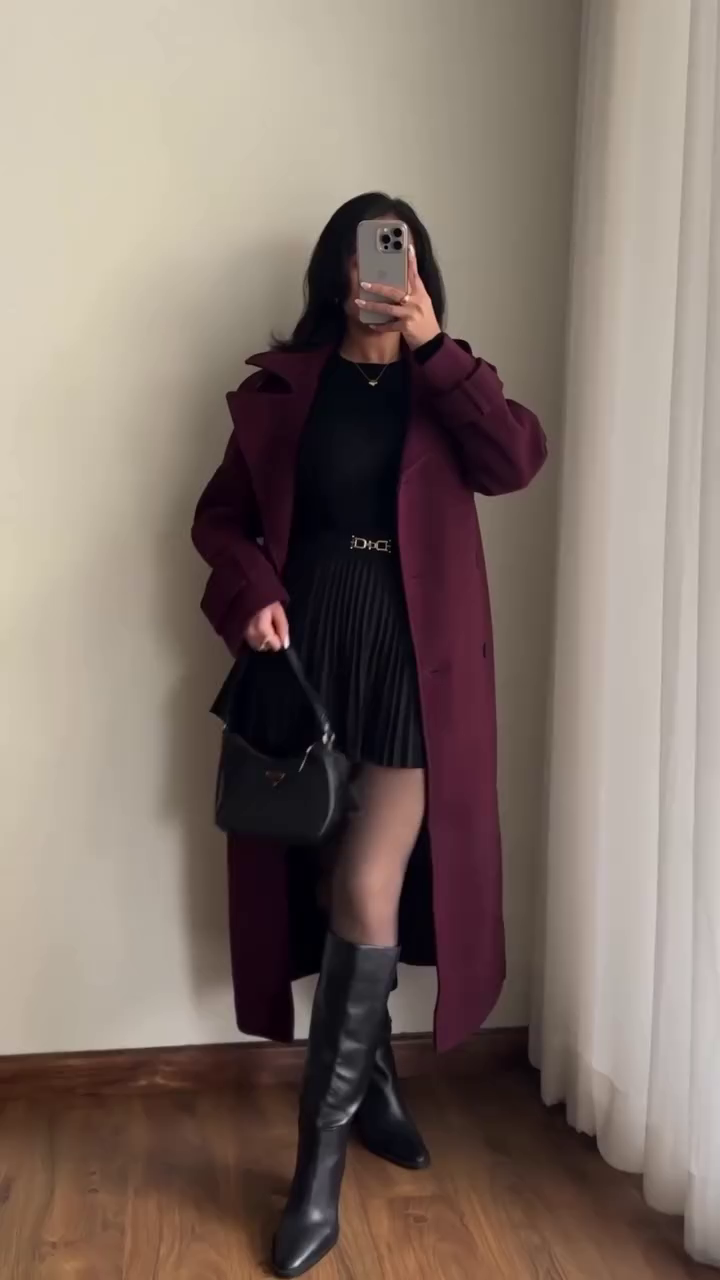 Wine Longline Coat & Black Pleated Skirt Outfit ⚡️🖤 - Image 3