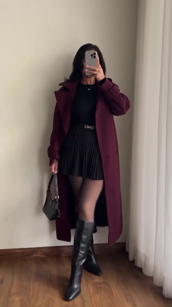 Wine Longline Coat & Black Pleated Skirt Outfit ⚡️🖤