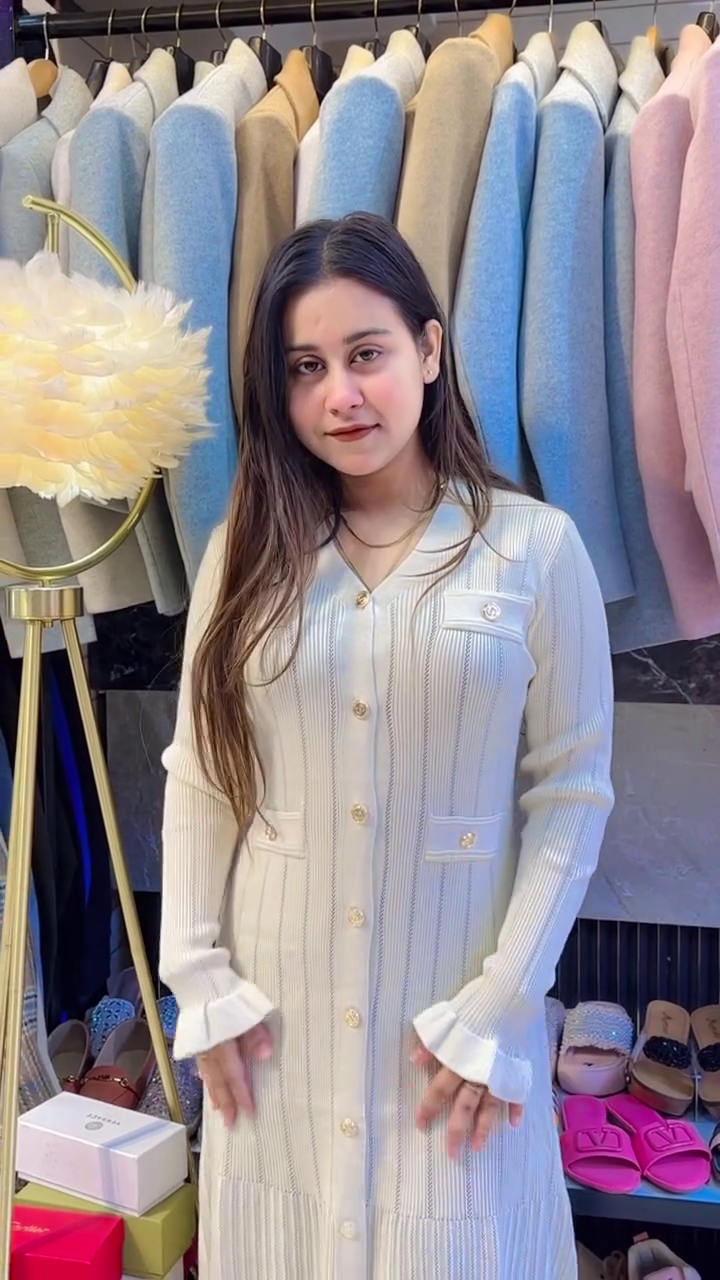 Ivory Ribbed Button‑Down Long Knit Dress with Gold Detail 🤍✨ - Image 2