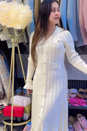 Ivory Ribbed Button‑Down Long Knit Dress with Gold Detail 🤍✨