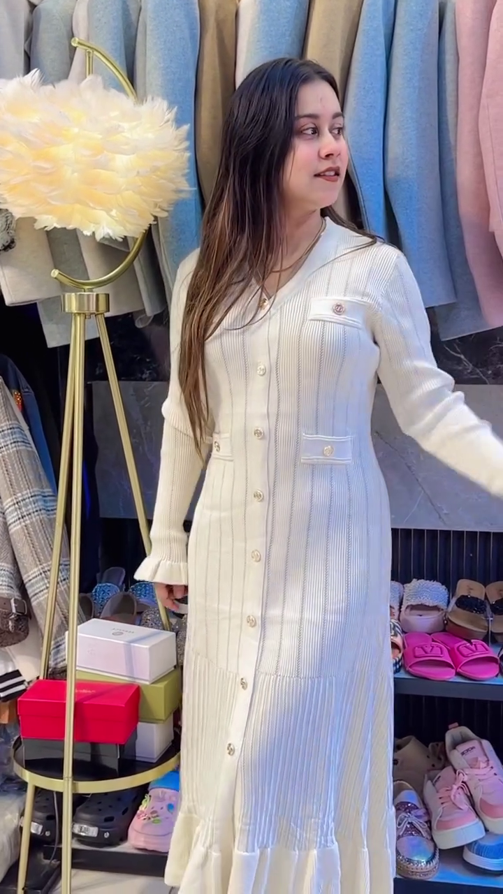 Ivory Ribbed Button‑Down Long Knit Dress with Gold Detail 🤍✨