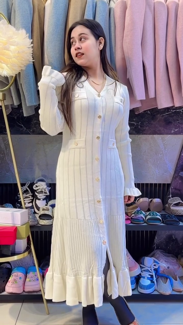 Ivory Ribbed Button‑Down Long Knit Dress with Gold Detail 🤍✨ - Image 3