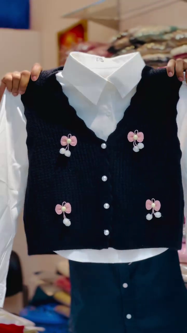 Classic White Shirt with Black Bow‑Embellished Knit Vest & Skirt Set 🖤🤍