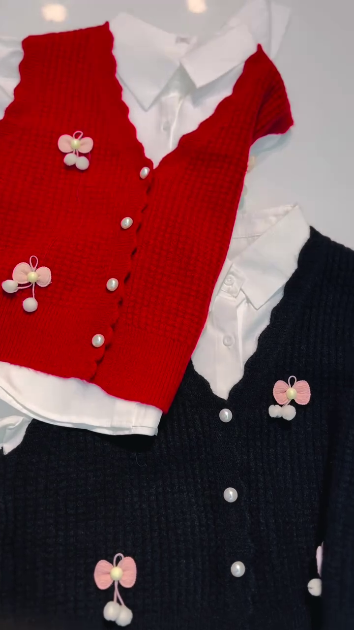 Classic White Shirt with Black Bow‑Embellished Knit Vest & Skirt Set 🖤🤍 - Image 3