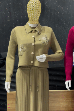 Golden Beige Embellished Knit Co‑ord with Pearl Collar and Pleated Skirt Set 💛✨