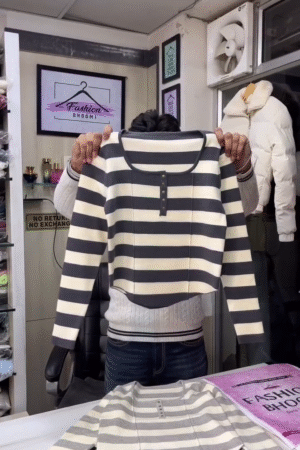 Cream & Charcoal Striped Fitted Henley Knit Top 🤍🖤