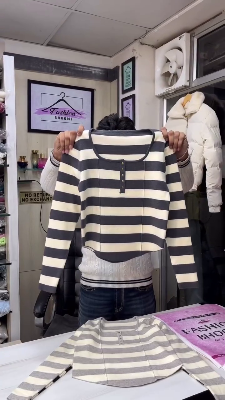 Cream & Charcoal Striped Fitted Henley Knit Top 🤍🖤