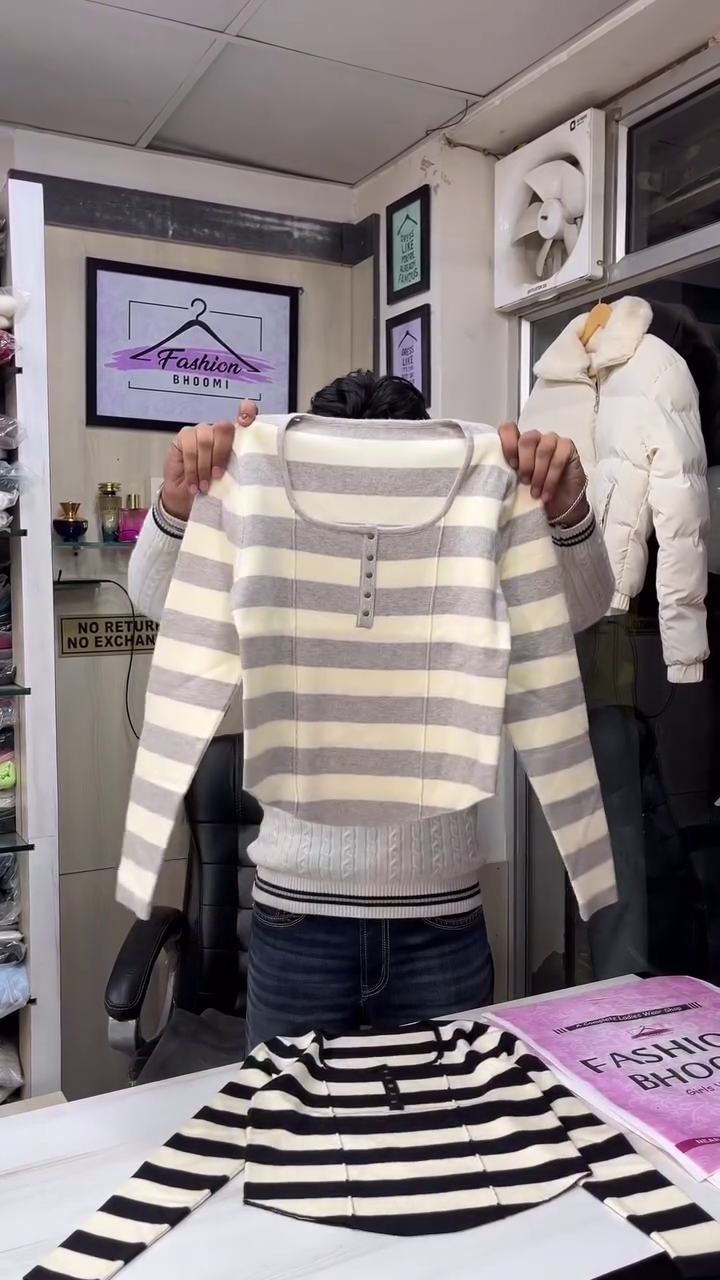 Cream & Charcoal Striped Fitted Henley Knit Top 🤍🖤 - Image 3