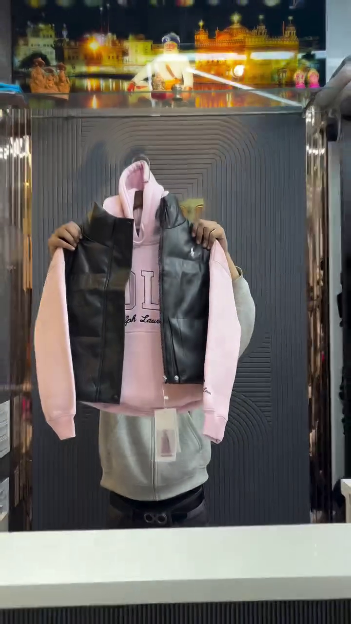 Pink Hoodie with Black Faux Leather Puffer Gilet Layered Winter Street Set 🩷🖤❄️