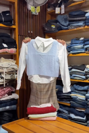  Blue Cable Knit Crop Vest over White Shirt with Plaid Skirt Academic Set 💙🤍