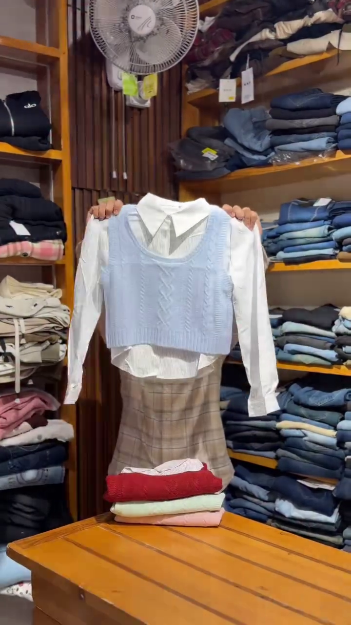 Blue Cable Knit Crop Vest over White Shirt with Plaid Skirt Academic Set 💙🤍