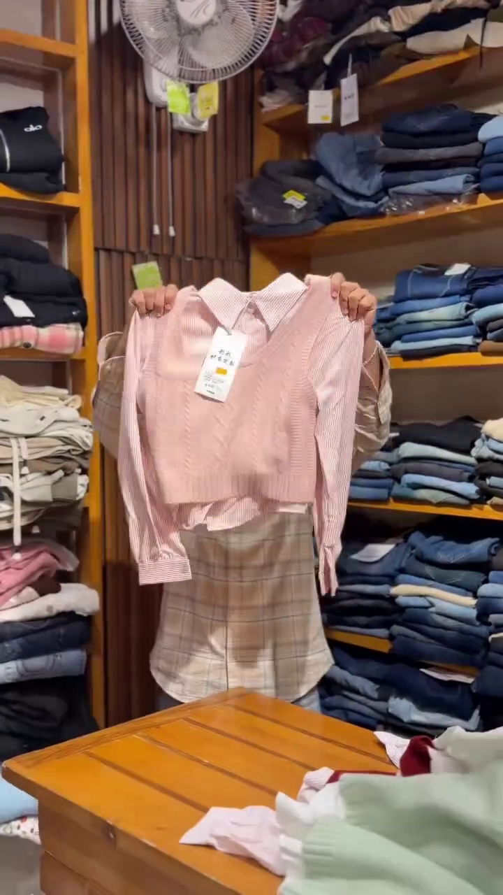 Blue Cable Knit Crop Vest over White Shirt with Plaid Skirt Academic Set 💙🤍 - Image 4