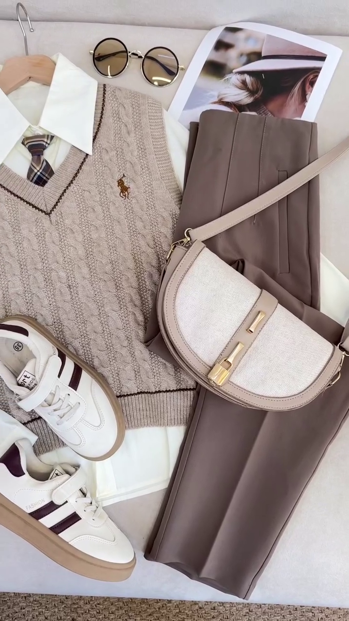 Neutral Cable Knit Sweater Vest, Shirt & Tailored Trouser Preppy Set 🤍🤎👔 - Image 3