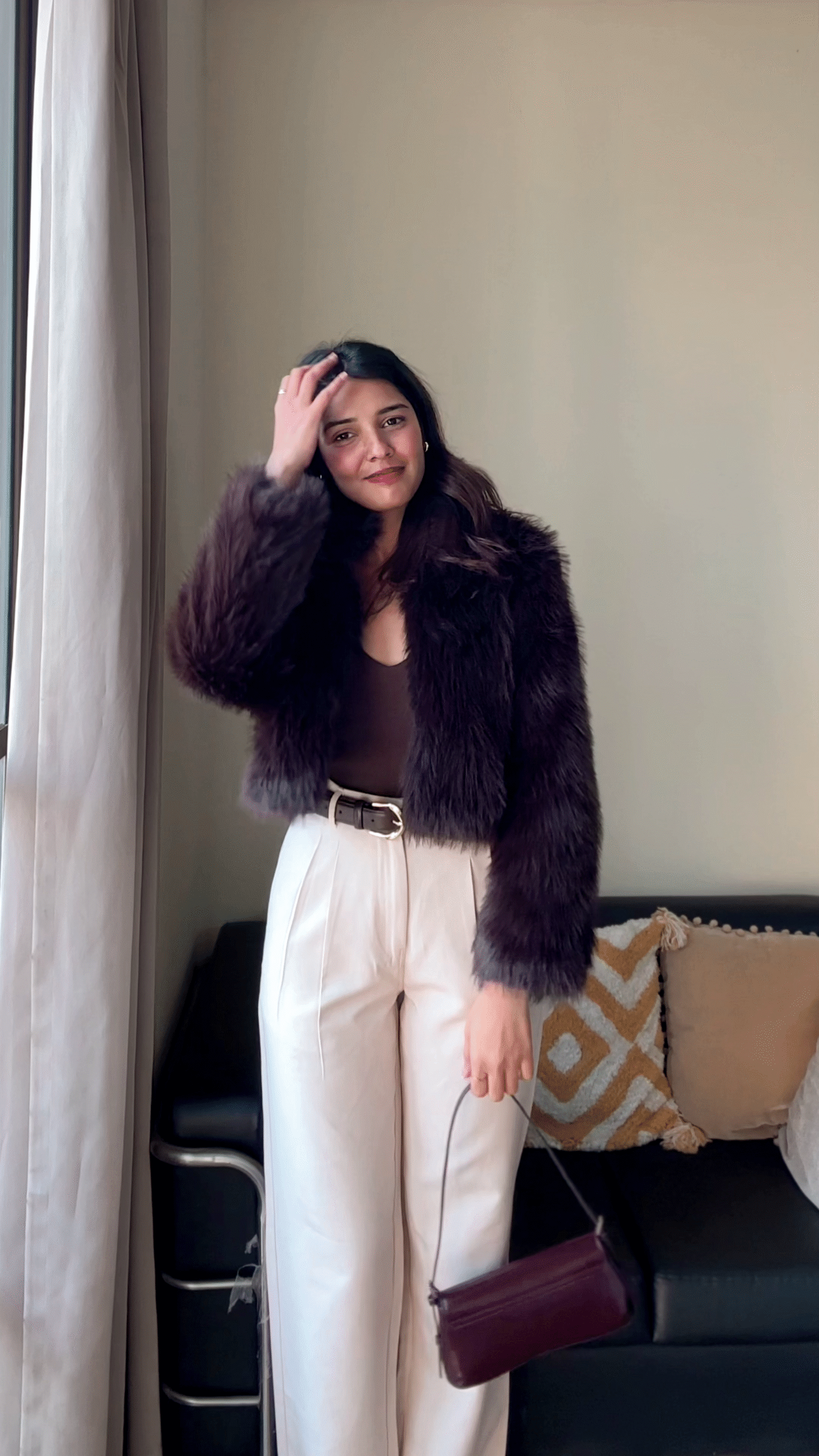 Deep Chocolate Faux Fur Cropped Jacket with Black Bodycon Dress Set 🤎🖤 - Image 2