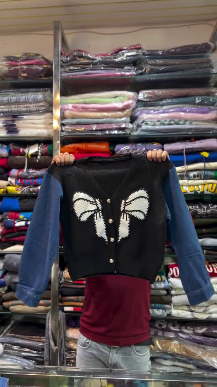 Cream & Denim Blue Big Bow Button‑Down Knit Cardigan 🤍💙🎀 - Image 2