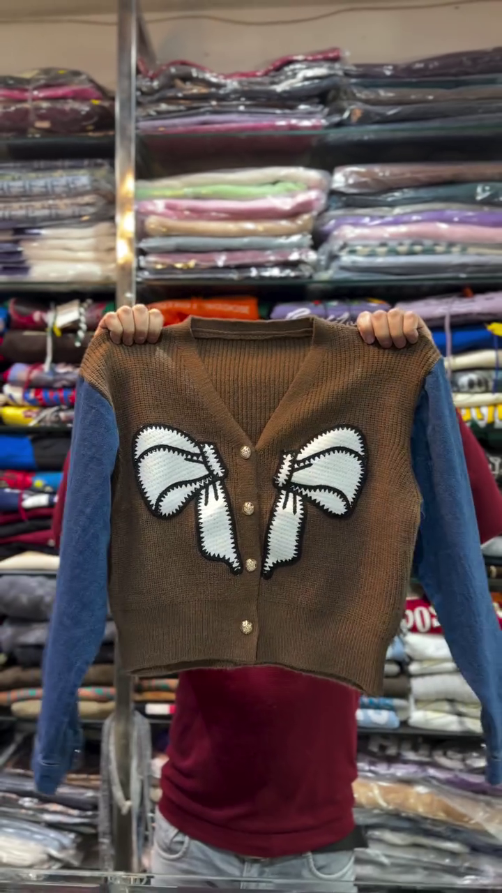 Cream & Denim Blue Big Bow Button‑Down Knit Cardigan 🤍💙🎀 - Image 3