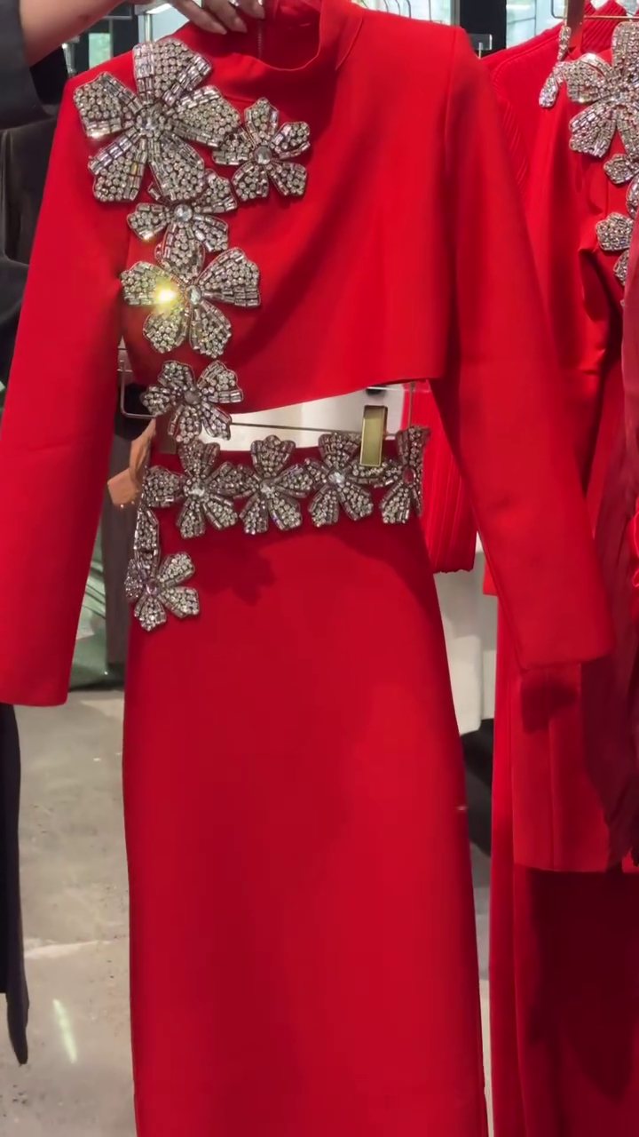 Fiery Red Crystal Floral Embellished Gown with Matching Crop Overlay 🔴🌺✨ - Image 2