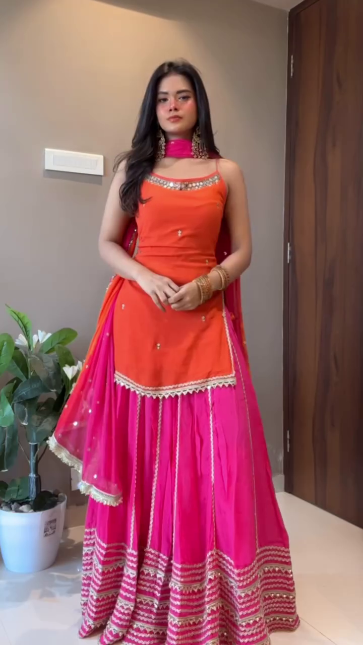 Radiant Orange & Pink Contrast Lehenga Set with Mirror-Work Detailing & Elegant Dupatta โจ๐งก๐๐