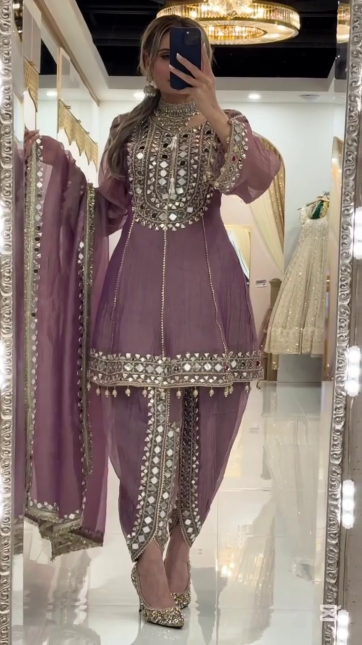 Lavender Heavy Mirror-Embroidered Short Kurti with Sharara Bottom & Dupatta 💜✨🪞 - Image 2