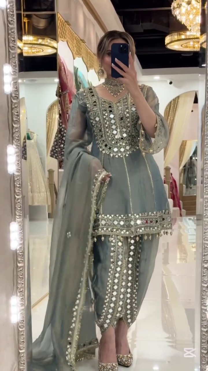 Lavender Heavy Mirror-Embroidered Short Kurti with Sharara Bottom & Dupatta 💜✨🪞 - Image 4