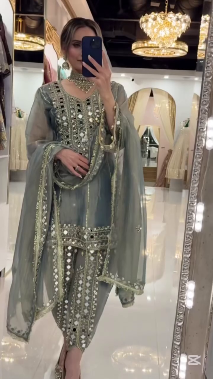 Lavender Heavy Mirror-Embroidered Short Kurti with Sharara Bottom & Dupatta 💜✨🪞 - Image 3