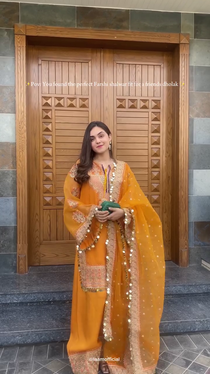 Mustard Farshi Shalwar Suit with Heavy Gota, Mirror & Tassel Embellishments 🌼✨