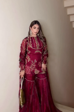 Majestic Maroon Heavy Embroidered Kurti–Sharara Set with Luxe Sheer Dupatta & Golden Threadwork Detailing ✨💃🌺🪡