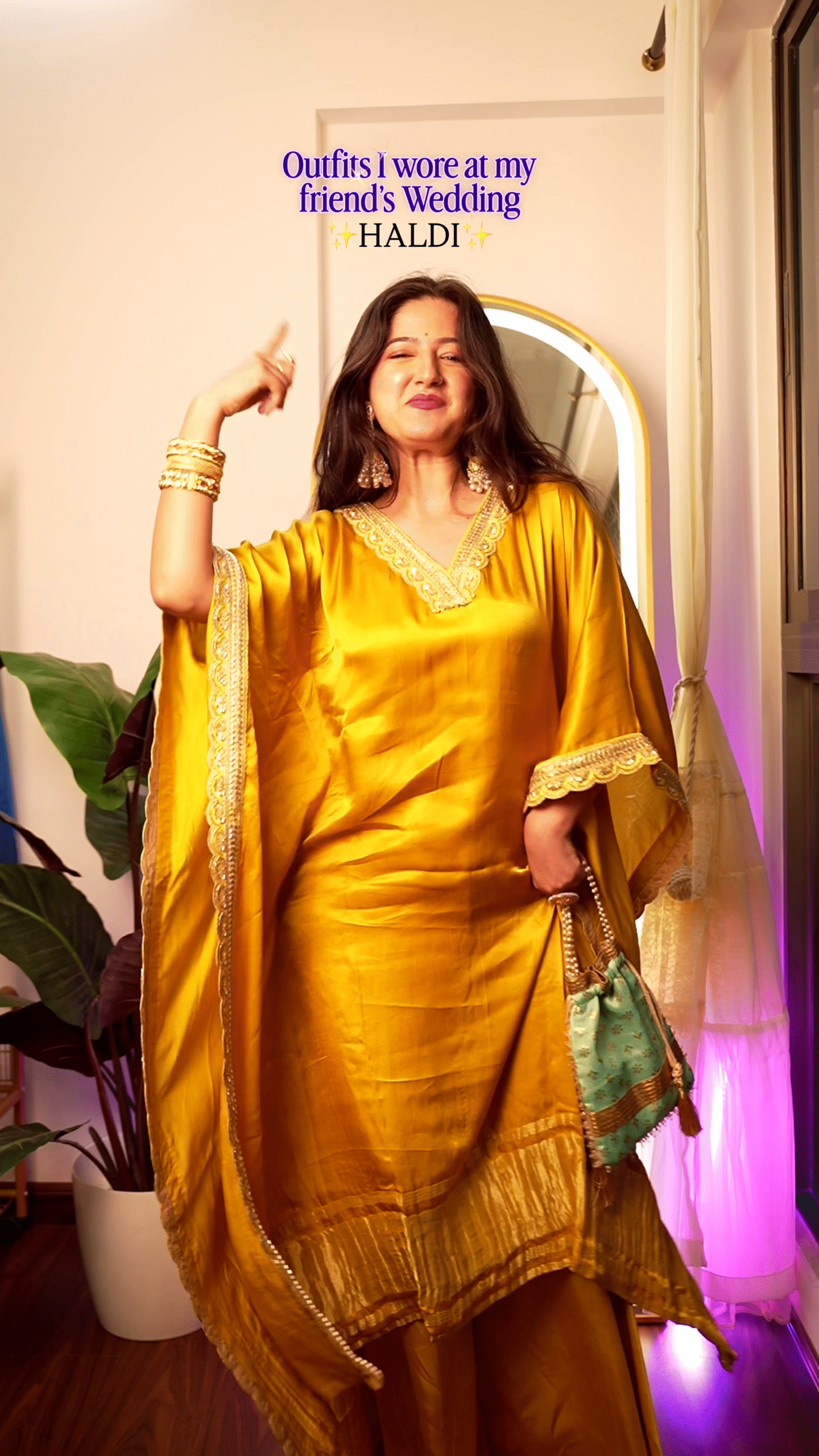 Sunshine Glow Haldi-Perfect Satin Kaftan Dress with Handcrafted Lace Borders & Matching Potli Bag ☀️💛✨