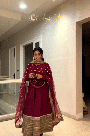 Royal Maroon Sufi-Elegance Embroidered Anarkali Suit Set with Mirror-Detailed Dupatta & Golden Hemline Borders ✨🌹👑