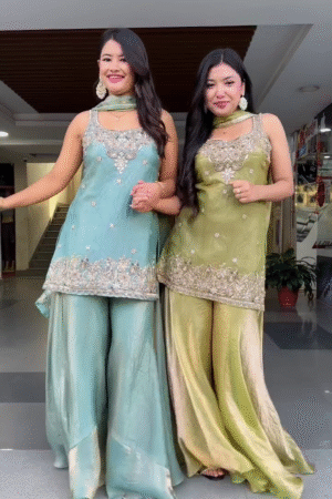 Radiant Pastel Luxe Embroidered Sharara-Kurti Ensemble with Handcrafted Detailing – Aqua Blue & Olive Green Edition ✨🌿💠