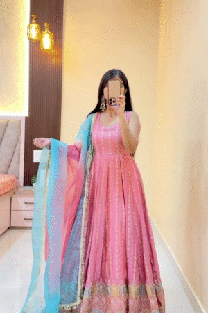 Pastel Dream Weave Pink–Blue Ombre Flared Anarkali Set with Gold Woven Borders & Soft Dupatta Flow ✨🌸💗💙