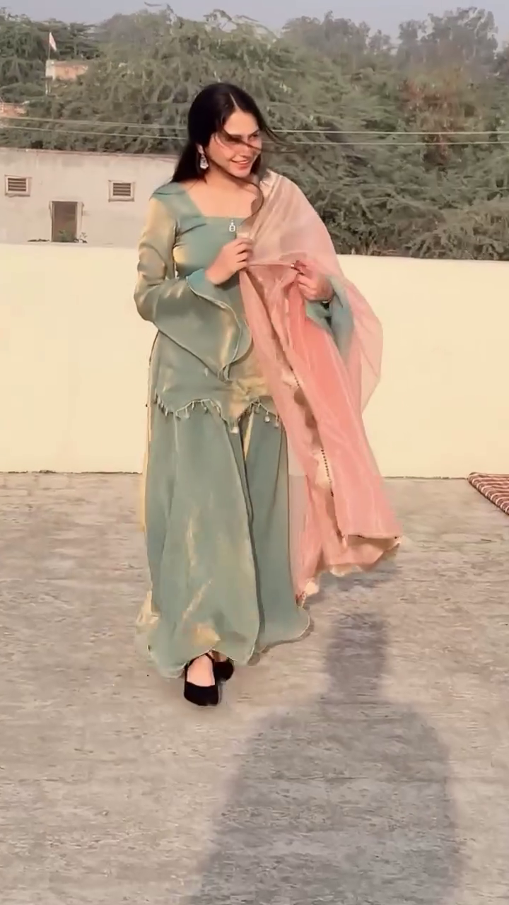 Verdant Royal Harmony 🌿 Green & Gold Kurta Palazzo Set with Blush Pink Dupatta, Zari Embroidery & Ethnic Elegance – Terrace Bloom Edition 🌅💫"