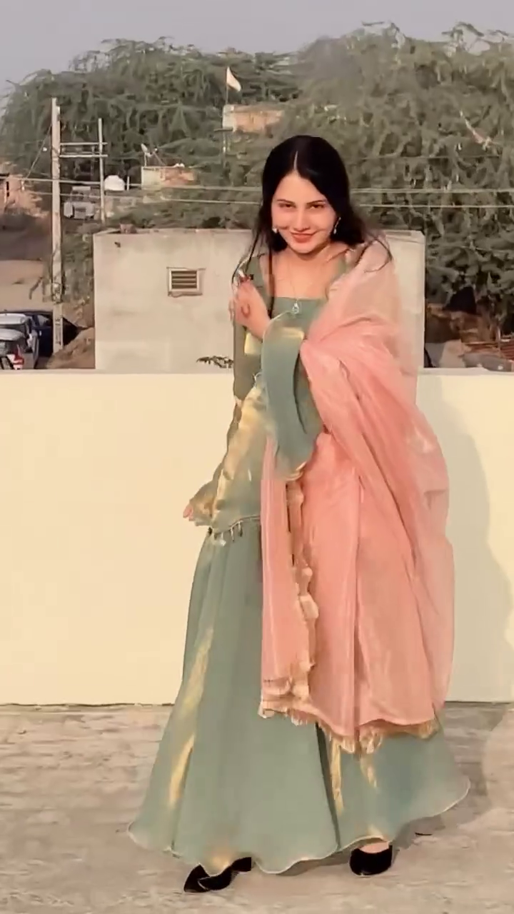 Verdant Royal Harmony 🌿 Green & Gold Kurta Palazzo Set with Blush Pink Dupatta, Zari Embroidery & Ethnic Elegance – Terrace Bloom Edition 🌅💫" - Image 3