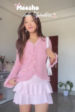 “Rosy Whimsy: Buttoned Blush Knit with Petal-Laced Layers & Plush Charm” 🧸🌷🎀