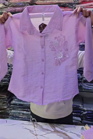 Lavender Dream Long-Sleeved Collared Shirt👚 with Floral 🌸 Embroidery + Bead ✨ Detailing