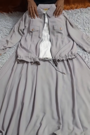 Graceful Light Gray Jacket 🧥 with Drawstring Waist ✨ + Matching Long Skirt 👗 + Intricate White Embroidered Top 🤍