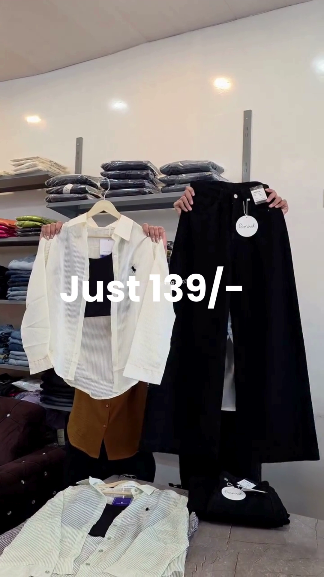 Classic White Striped Button-Up Shirt 👔 with Subtle Chest Embroidery ✍️ + Black Wide-Leg Pants 👖