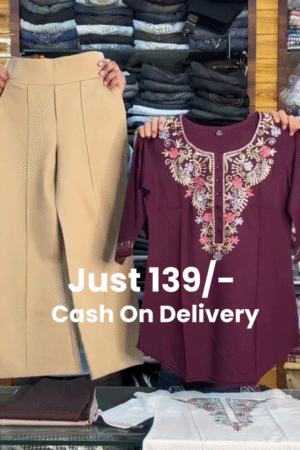 Elegant Maroon Kurti 👗 with Intricate Floral Embroidery 🌸 Around Neckline + Beige Trousers 👖 Ensemble