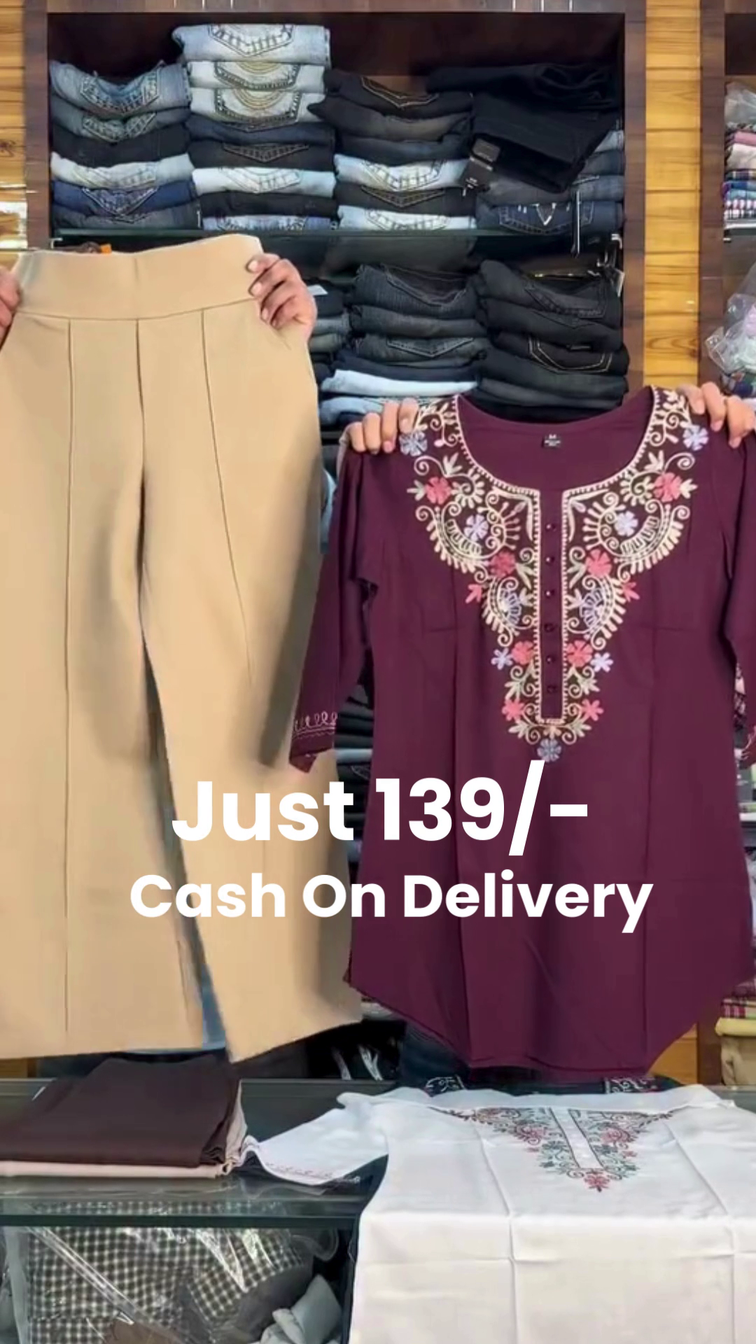 Elegant Maroon Kurti 👗 with Intricate Floral Embroidery 🌸 Around Neckline + Beige Trousers 👖 Ensemble