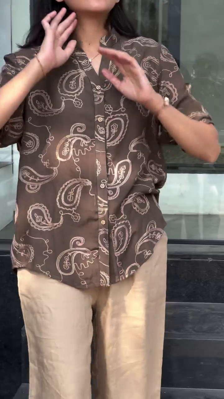Chocolate Brown Paisley Print Button-Down Relaxed Fit Shirt with Beige Wide-Leg Trousers Casual Chic Two-Piece Outfit 🤎✨👚👖
