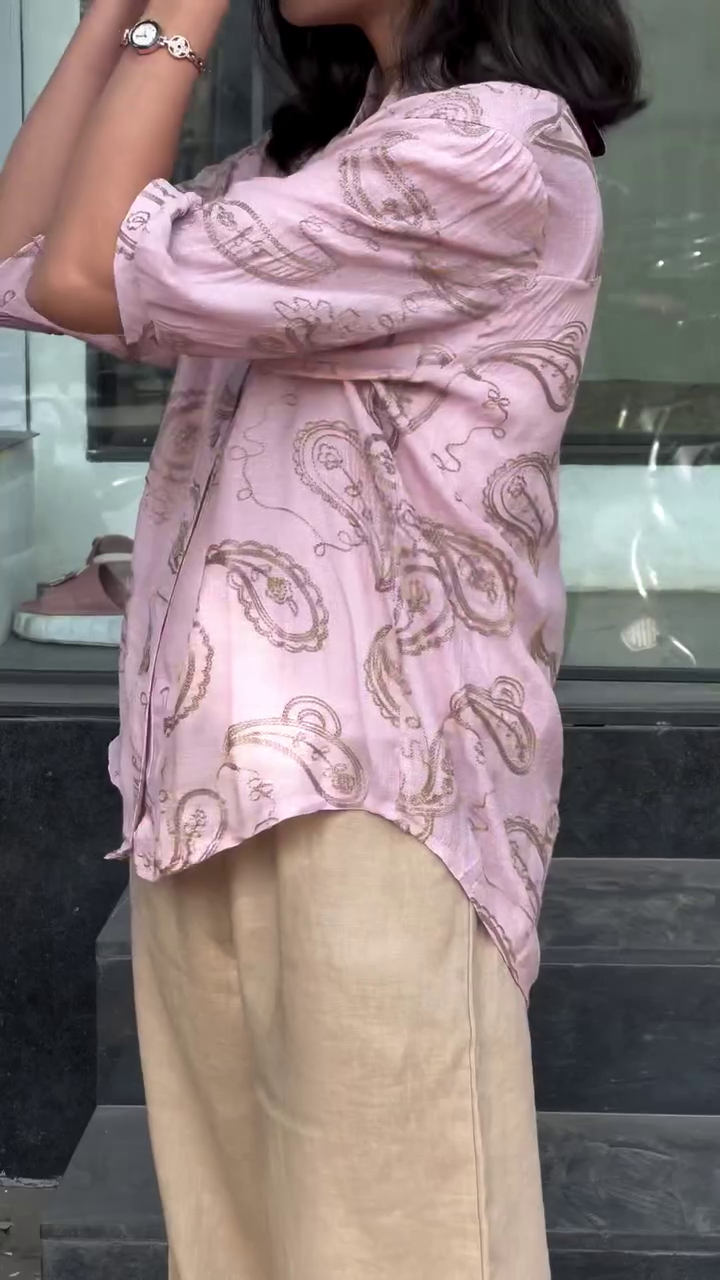 Chocolate Brown Paisley Print Button-Down Relaxed Fit Shirt with Beige Wide-Leg Trousers Casual Chic Two-Piece Outfit 🤎✨👚👖 - Image 3